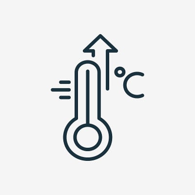 高温刻度线图标。流感、感冒、病毒和发烧症状。温度计与箭头向上的象形图。升高人体温度线性图标。可编辑的