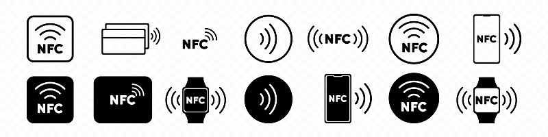 Nfc图标集。非接触式支付。在线交易。Nfc符号为您的网站设计，标志，应用程序，UI。矢量线图标的业
