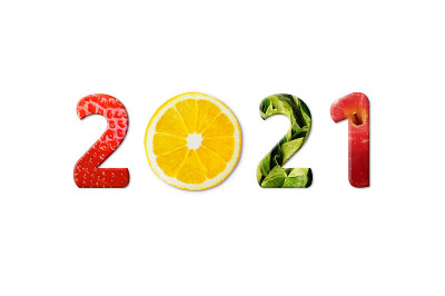 2021年，健康新年快乐。水果和蔬菜是2021年的数字。卫生保健的概念。