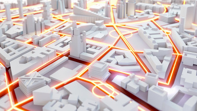 3D渲染抽象城市。城市规划，街道和摩天大楼具有霓虹灯的交通灯效果