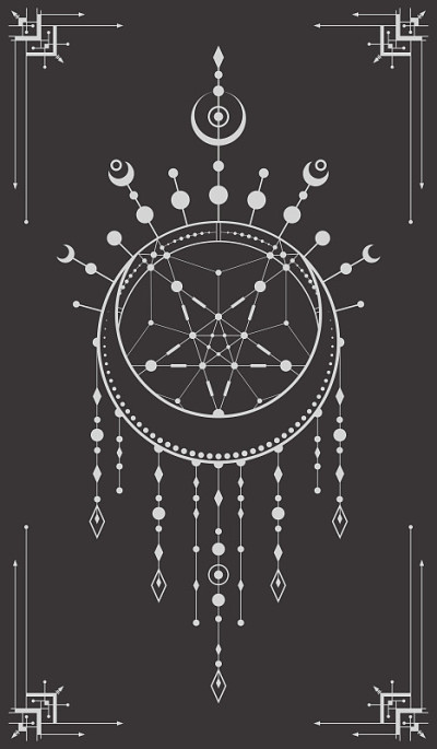 向量神秘的海报与捕梦网，五芒星和线性框架。黑色背景与神秘神秘的轮廓符号在波西米亚风格。在一个圆里有一