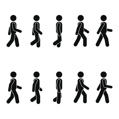人的行走姿势各不相同。态势图。向量站人图标符号符号符号象形图上的白色