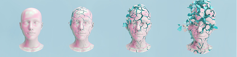 3d渲染插图:陶瓷女性头部裂缝和破碎成碎片。