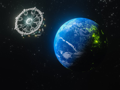 监视和研究太阳系外未知行星的卫星。美丽的抽象插图，行星在太空和闪亮的星星。有活火山的未知行星。库存图