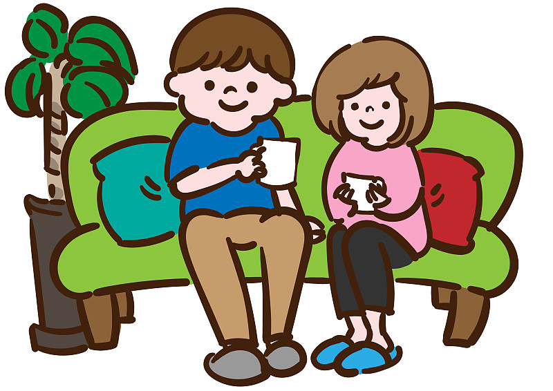 Young man and woman relaxing with coffee in living