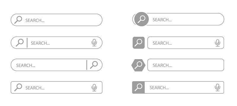 设置网页搜索栏。搜索栏，搜索框集合。向量集计算机插图搜索导航。一套设计网站界面的元素。矢量图