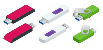 一套等距u盘。USB记忆棒隔离白色。u盘，gig卡，磁盘键，磁盘上键