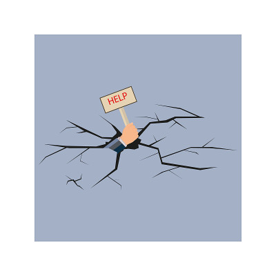 金融破产,破产。商人的手在地上的裂缝里。保留一个写着“救命”的标志。抢救或损失的经营理念。向量