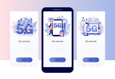5G网络无线技术。大字母5g和小玩意的人使用高速互联网。手机智能手机屏幕模板。现代平面卡通风格。矢量