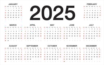 日历2025，周从周日开始，业务模板