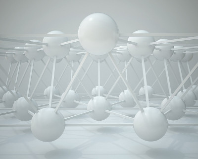 3 d演示。抽象的白色立体构图，渲染。球和连杆的结构。原子，分子，铰链的图像。