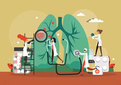 医生检查病人肺部，矢量图。呼吸系统疾病的诊断、治疗。肺的诊断。