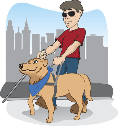 由导盲犬牵着走路的残疾人