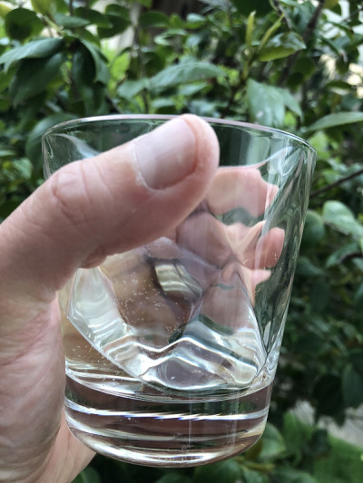 手持水杯，背景是绿色植物