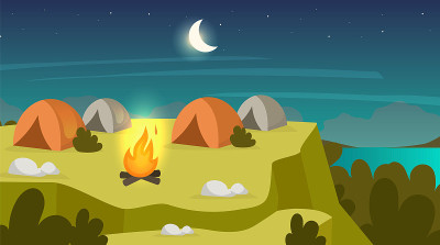 露营坐平矢量插图。篝火和帐篷的夜景。在山顶过夜。徒步旅行休息在山柏拉图。场格局。探险队网站。谷的卡通