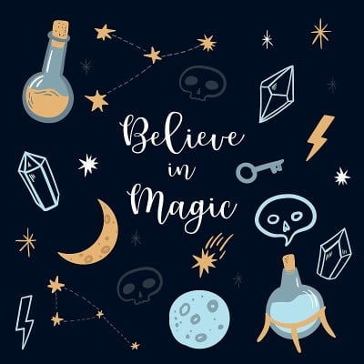 相信魔法。巫术和神秘符号:头骨，月亮，水晶，星星，试管。手绘矢量集插图，平面和卡通风格。