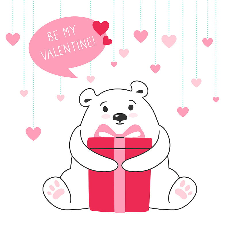 Polar bear with gift box Happy valentines greeting