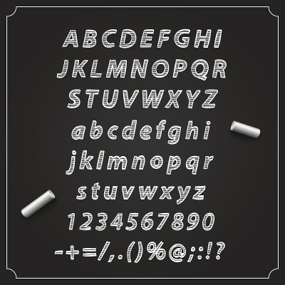 素描英文字体，带有一组符号，字母和数字的板，矢量插图，