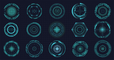 现代瞄准系统ui和ux。未来光学目标。军用准直瞄准器，火炮目标聚焦距离指示。游戏和高科技。科幻未来宇