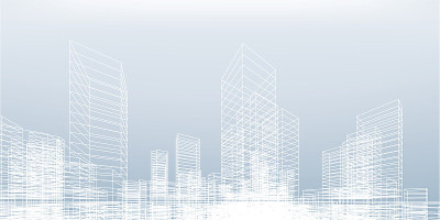 抽象线框城市背景。透视3D渲染建筑线框。