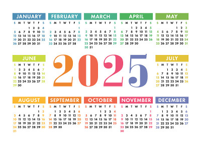 2025年日历。英文彩色矢量横墙或口袋压延机模板。设计。新年。一周从周日开始