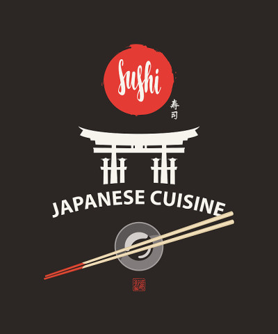 寿司横幅上有牌坊和筷子