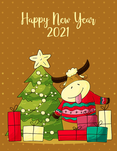 2021新年快乐儿童插画。中国新年牛年2021年