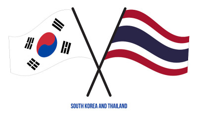 韩国和泰国的旗帜交叉和平坦的飘扬风格。官方的比例。正确的颜色。