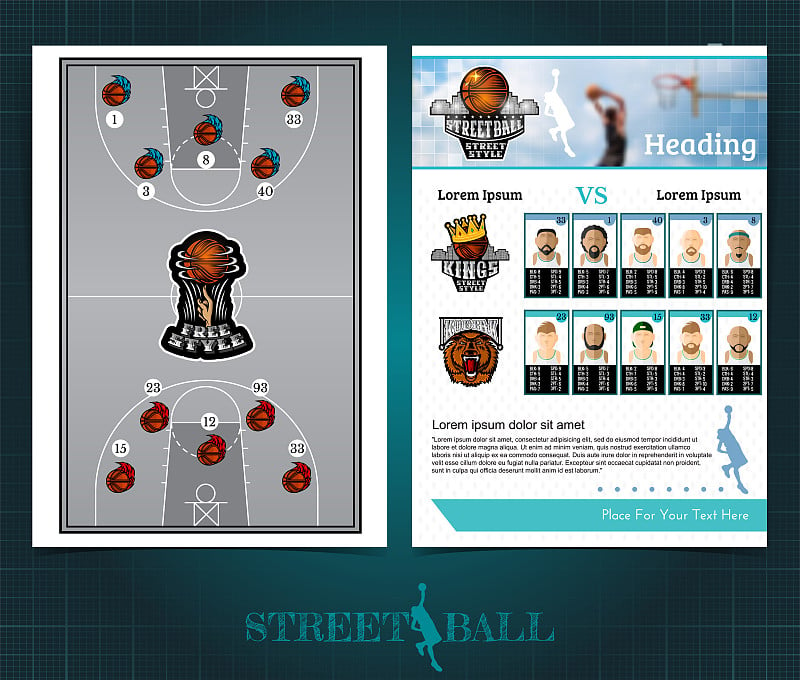 双面篮球宣传册或传单，街球模板设计与场地球员和标志。模型封面矢量运动风格