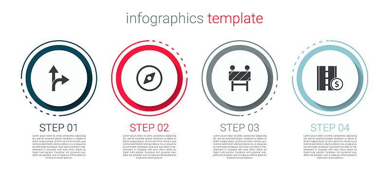 设置道路交通标志、指南针、障碍物和收费公路。业务信息模板。向量
