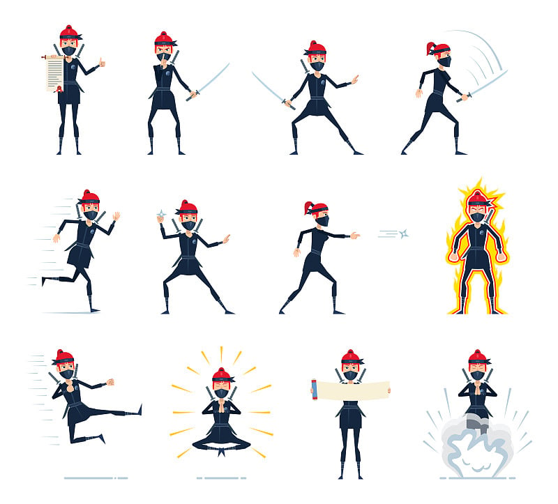 Big set of female ninja characters showing differe