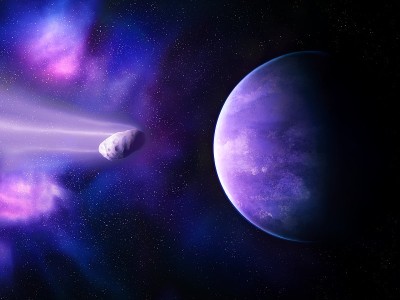彗星正在接近这颗行星。一个美丽的太空景观。