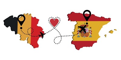 从比利时乘客机前往西班牙。飞机的路线。自由旅行。我喜欢乘飞机旅行。