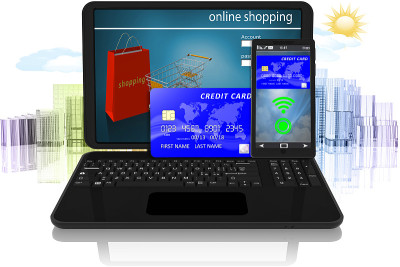 电子支付。信用卡和电脑。智能手机应用程序- 3D插图
