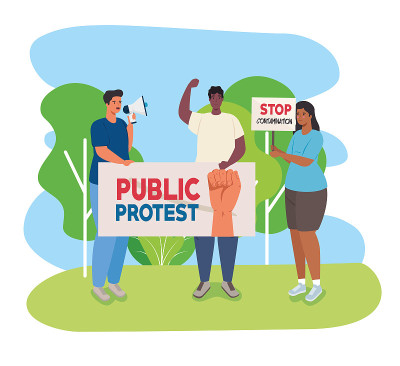 people with protests placards and megaphone, activ