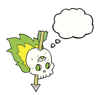 思想泡泡卡通魔术头骨用箭穿过大脑