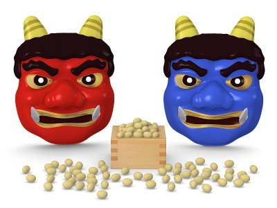 日本传统节日setsubun的邪鬼面具和豆子，3D插图，