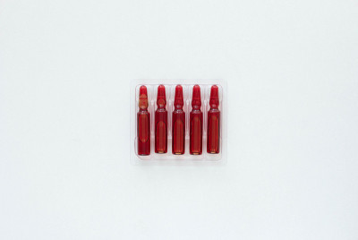 Top view of ampoules with vitamin group B for inje