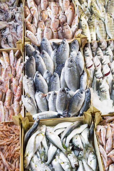 海鲜和生鱼市场。食品概念的照片。