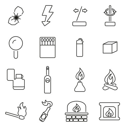火或火制作工具图标细线矢量插图集