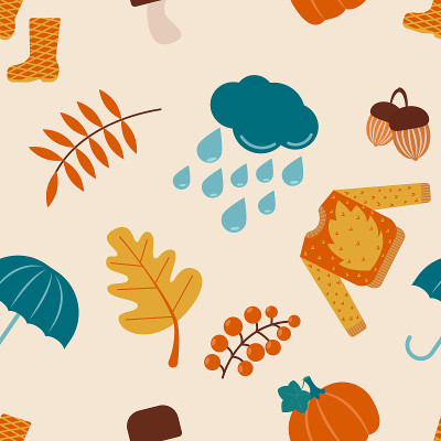 秋款无缝图案:毛衣、雨伞、蘑菇、树叶、雨点、靴子。平面向量插图。