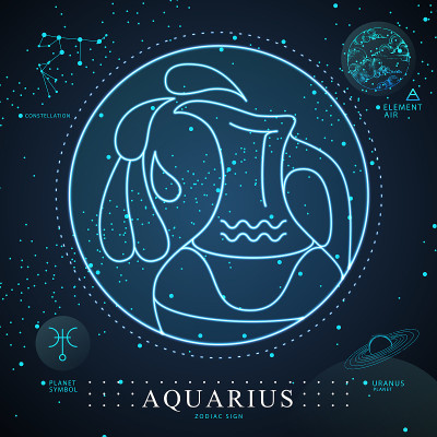 现代魔法魔法卡与星相霓虹灯水瓶座生肖标志。霓虹水罐插图。星座的特点