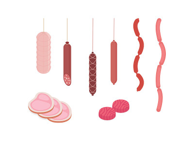 肉类和火腿集等距矢量插图