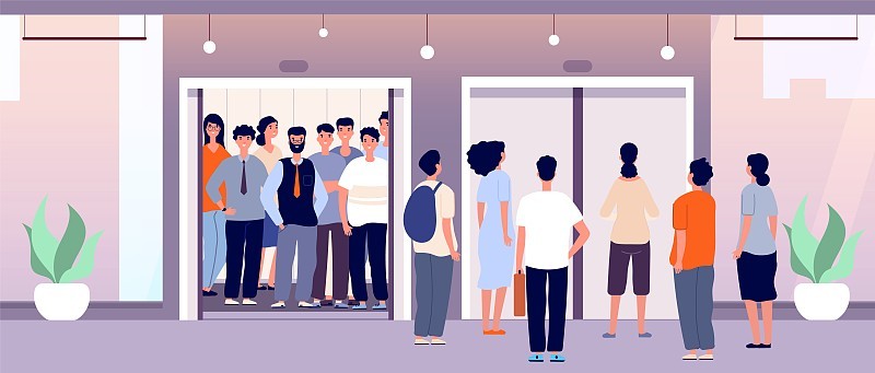 人们等待电梯。人群起立，人前关闭电梯门。人物在办公室大厅，酒店或商场绝对矢量插图
