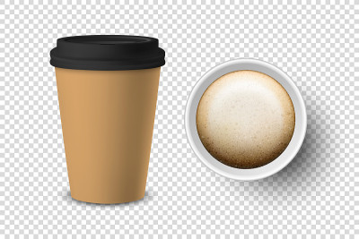 向量3d现实棕色一次性关闭和打开的纸，塑料咖啡杯的饮料与黑色盖设置特写孤立在透明的背景。设计模板模型