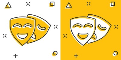 喜剧风格的剧场面具图标。喜剧和悲剧卡通矢量插图在白色孤立的背景。笑脸喷溅效果经营理念。
