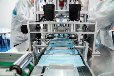 Face mask production line in modern factory