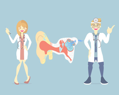 male and female doctor with ear, internal organs a