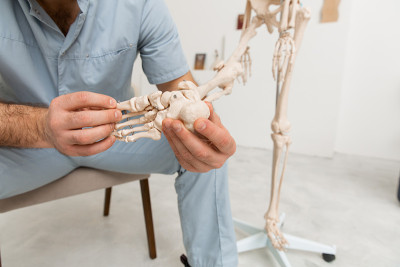 医生指着人腿上的人体骨骼解剖模型。理疗师讲解关节模型。脊骨治疗师或整骨师指的是人体骨骼。骨骼解剖特写