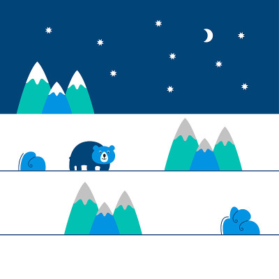 冬雪北国，夜空繁星满天。高山或小山，雪峰，漂流物和北极熊。设计明信片，网站。平面，几何和极简主义向量